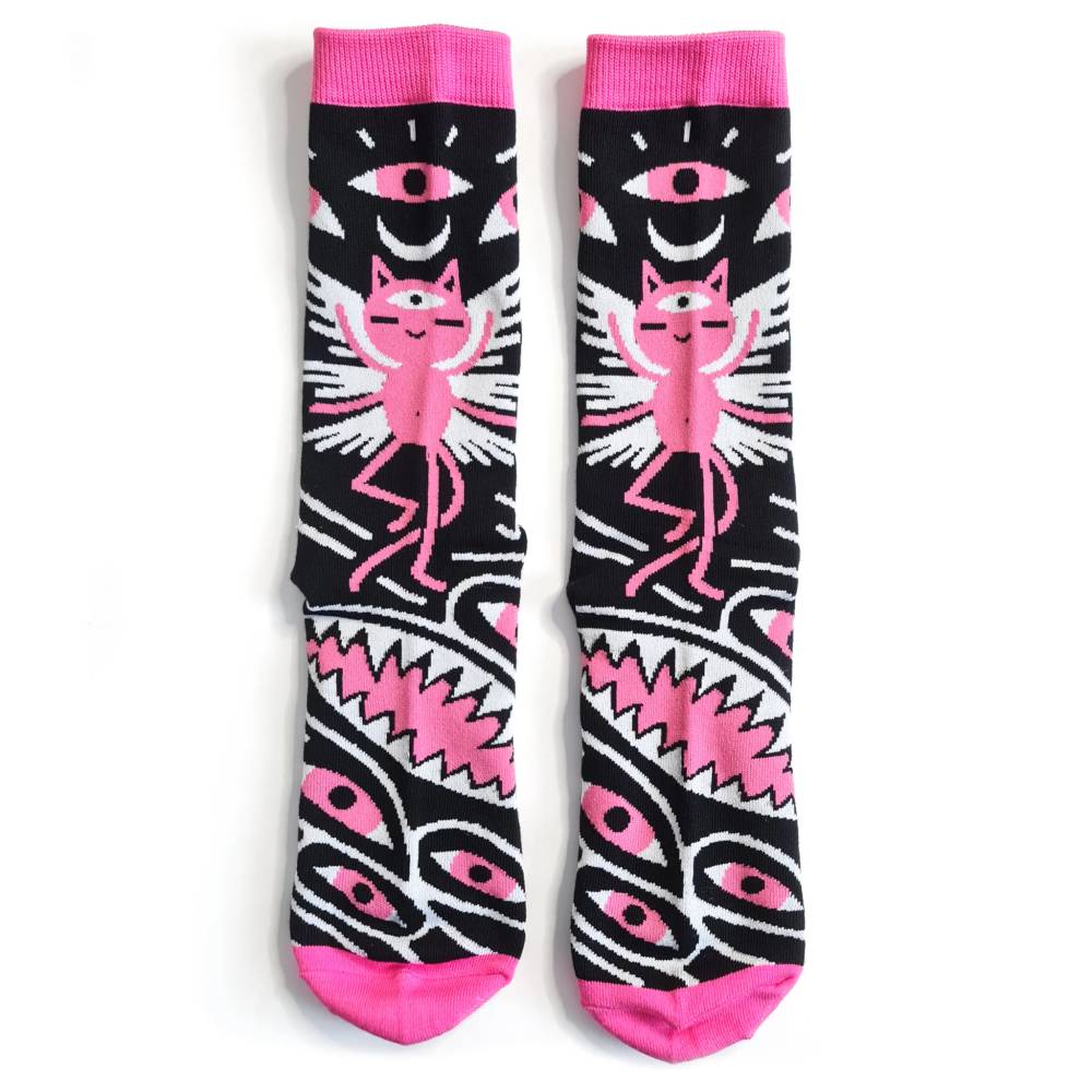 Nikki Smits - Angel Cat Socks - Black/Pink